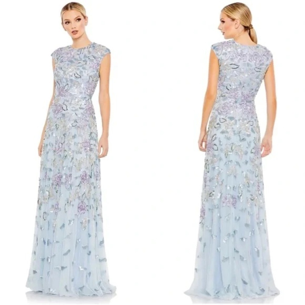 Mac Duggal | Sequined High Neck Baby Blue Cap Sleeve A Line Gown Plus Size - Picture 1 of 15